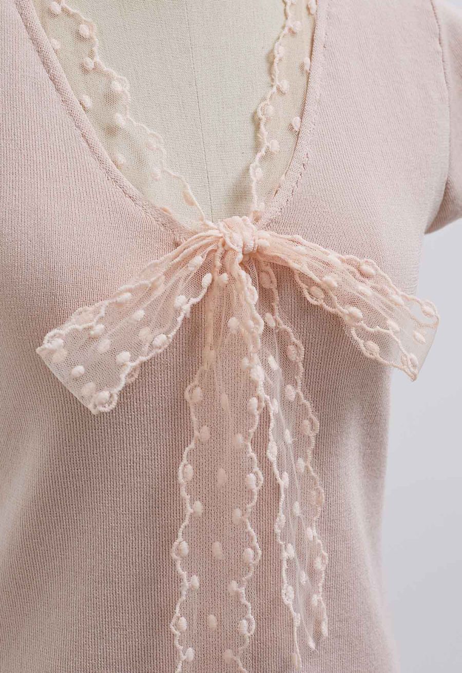 Dotted Lace V-Neck Bowknot Knit Top in Pink
