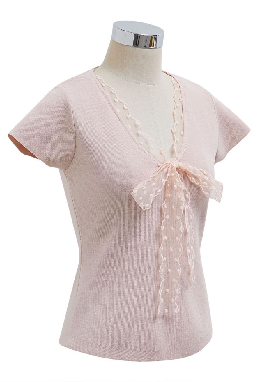 Dotted Lace V-Neck Bowknot Knit Top in Pink