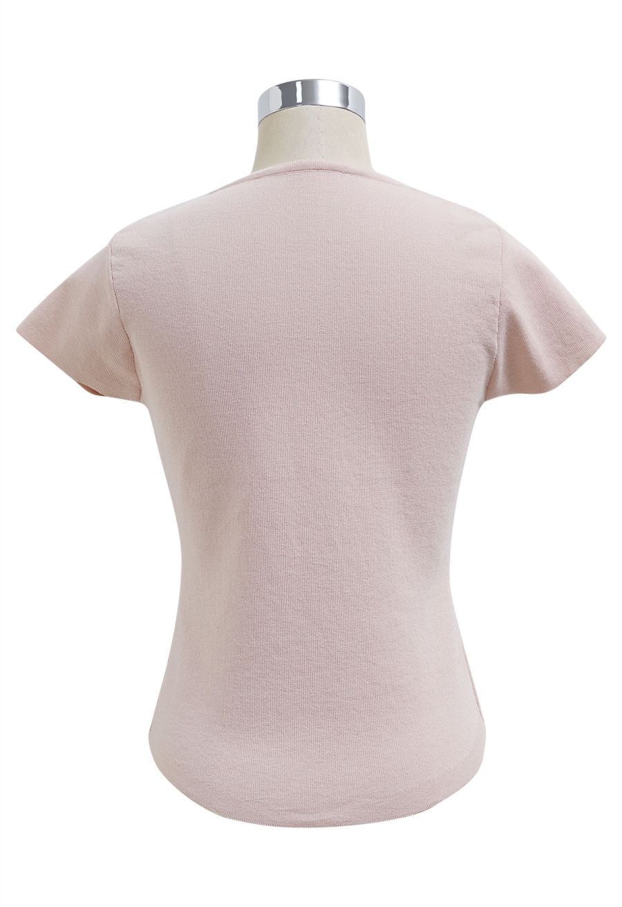 Dotted Lace V-Neck Bowknot Knit Top in Pink
