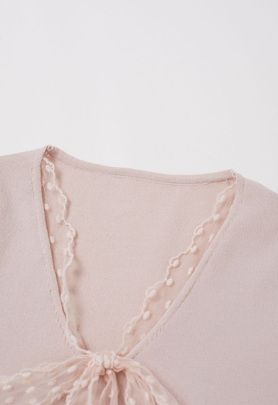 Dotted Lace V-Neck Bowknot Knit Top in Pink