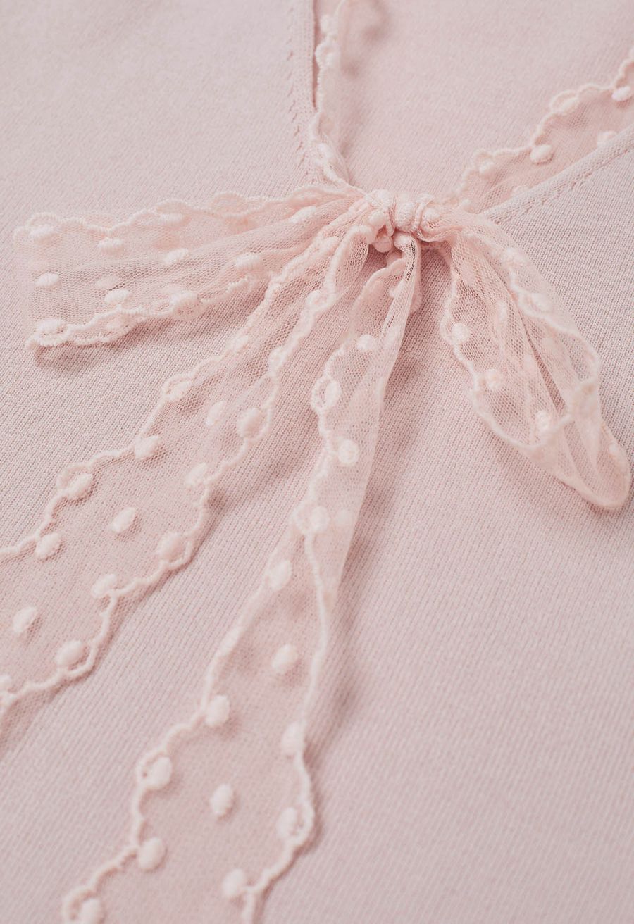 Dotted Lace V-Neck Bowknot Knit Top in Pink