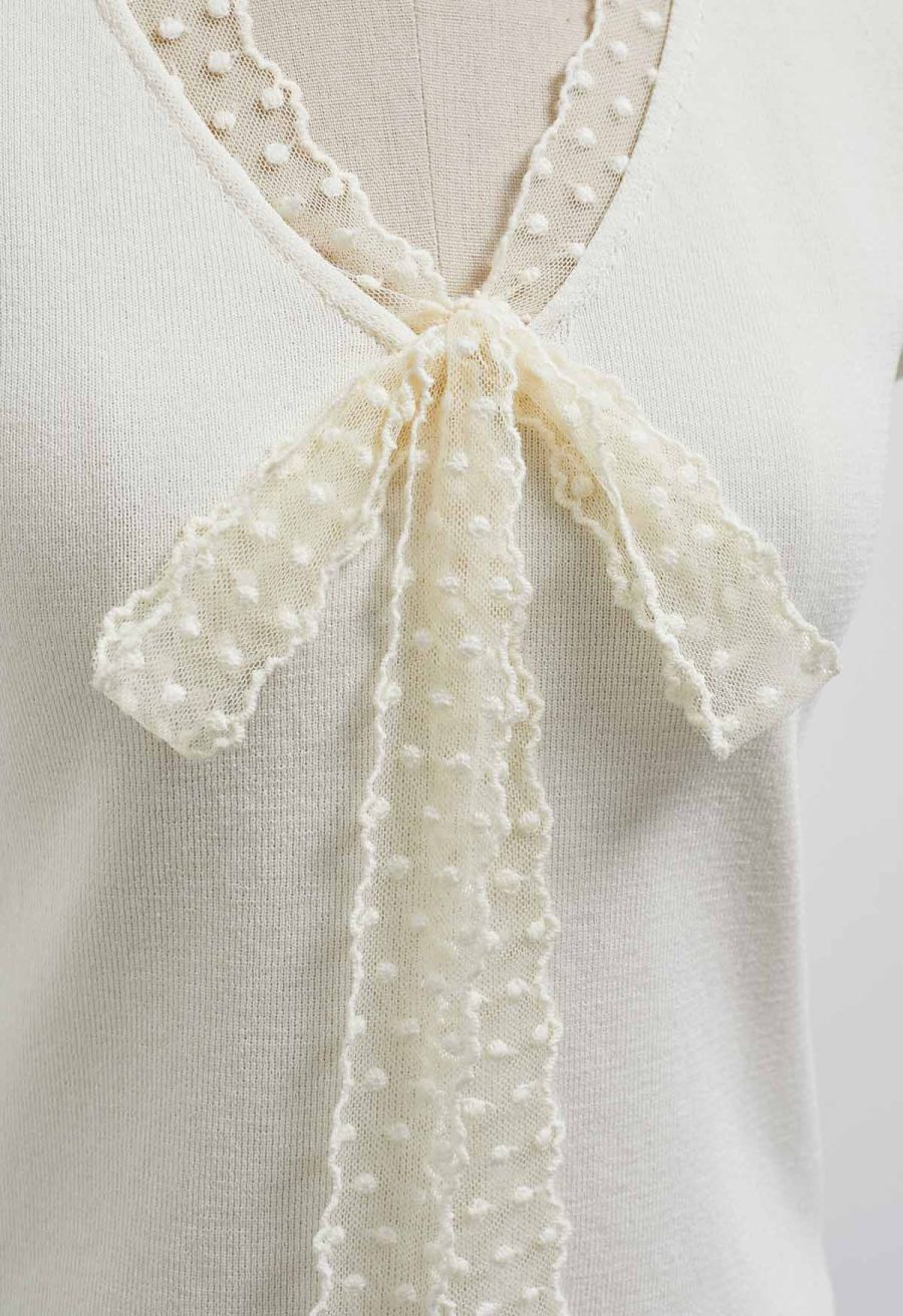 Dotted Lace V-Neck Bowknot Knit Top in Cream