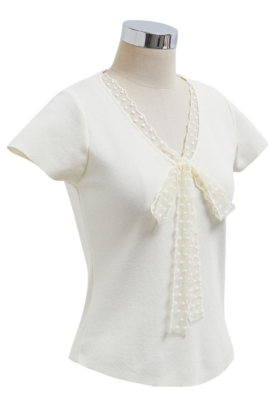 Dotted Lace V-Neck Bowknot Knit Top in Cream