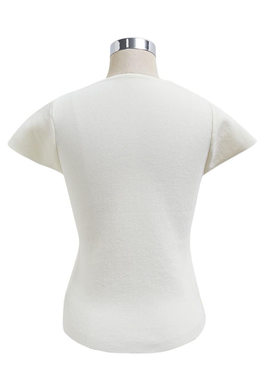 Dotted Lace V-Neck Bowknot Knit Top in Cream