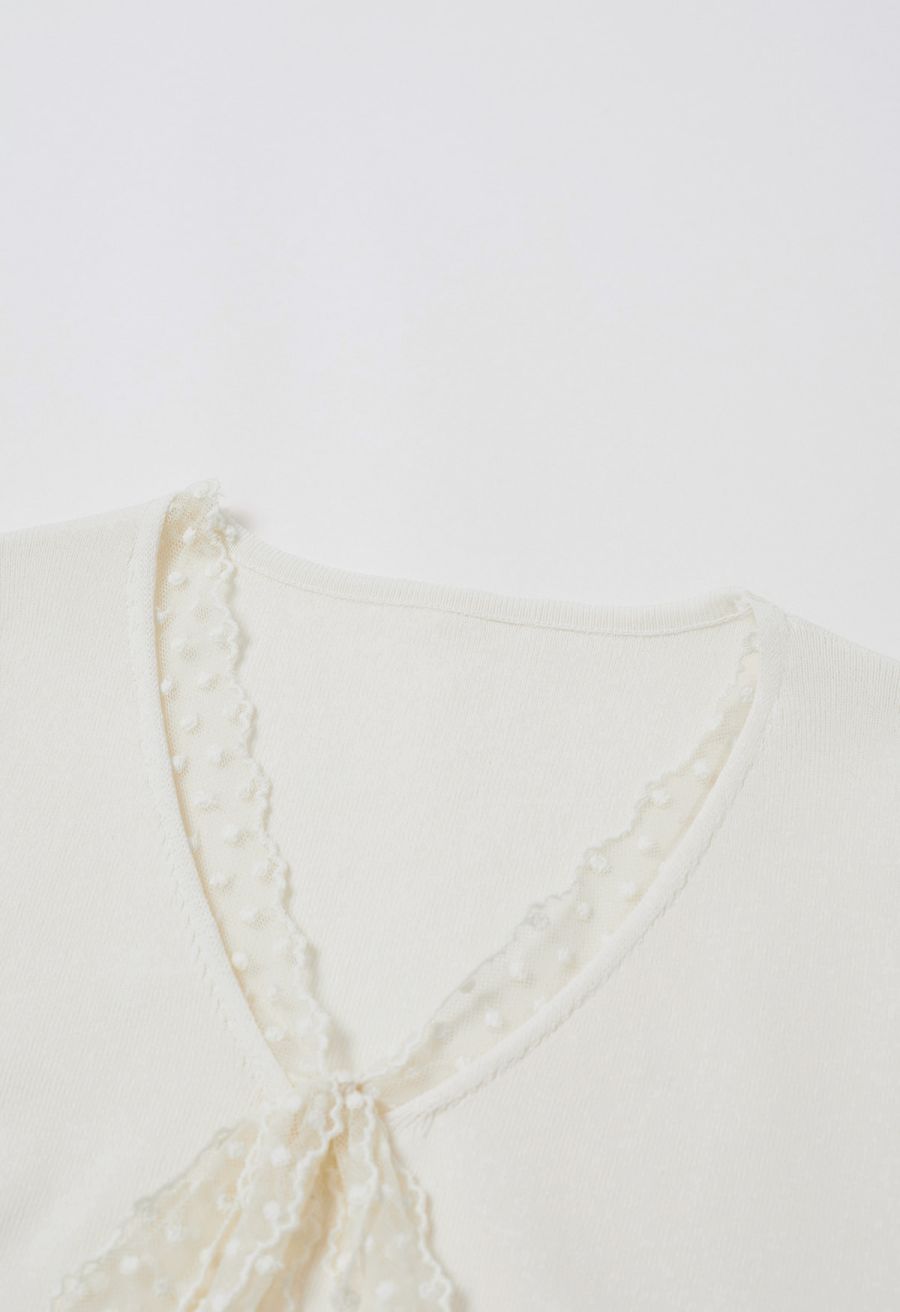 Dotted Lace V-Neck Bowknot Knit Top in Cream