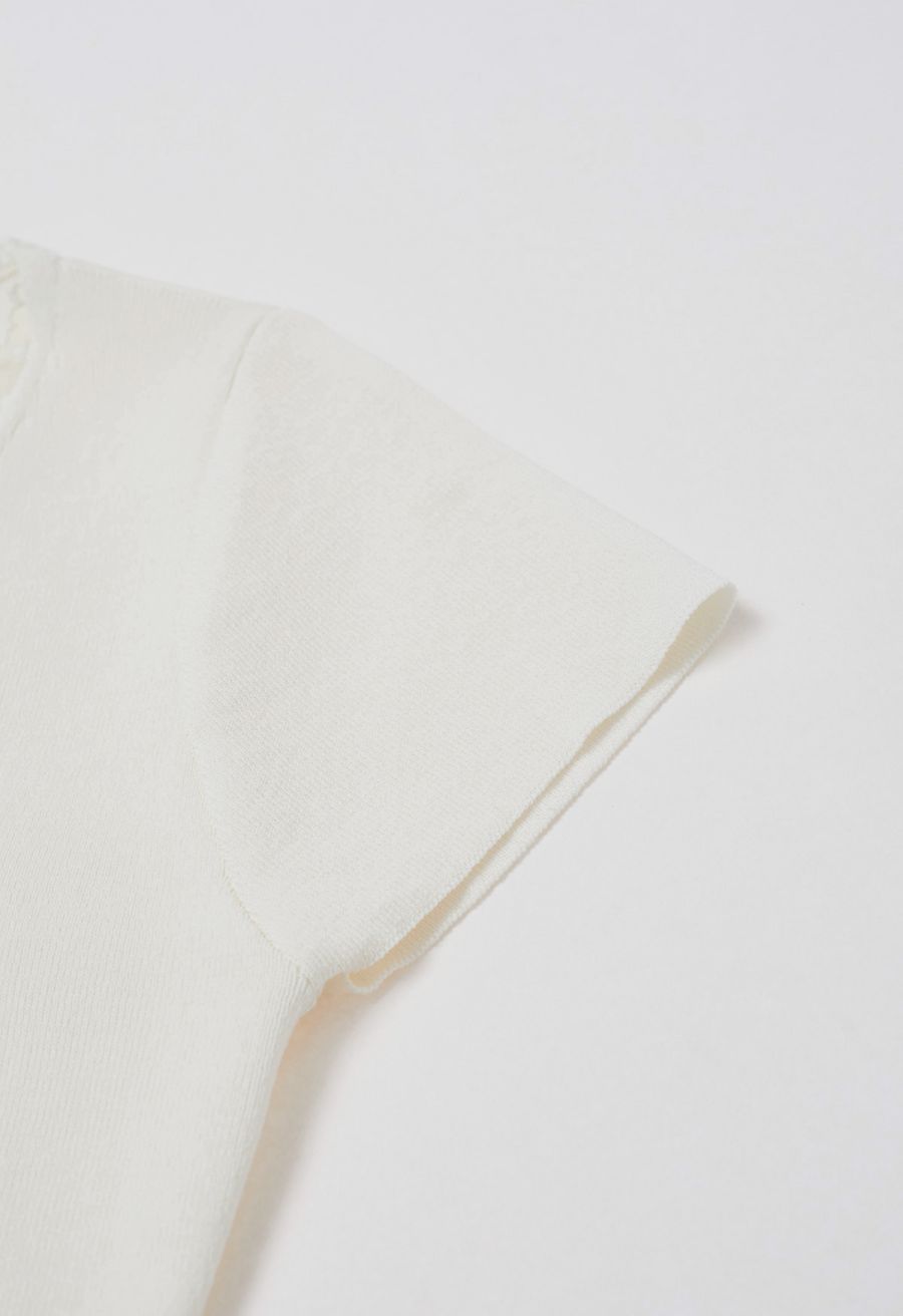Dotted Lace V-Neck Bowknot Knit Top in Cream