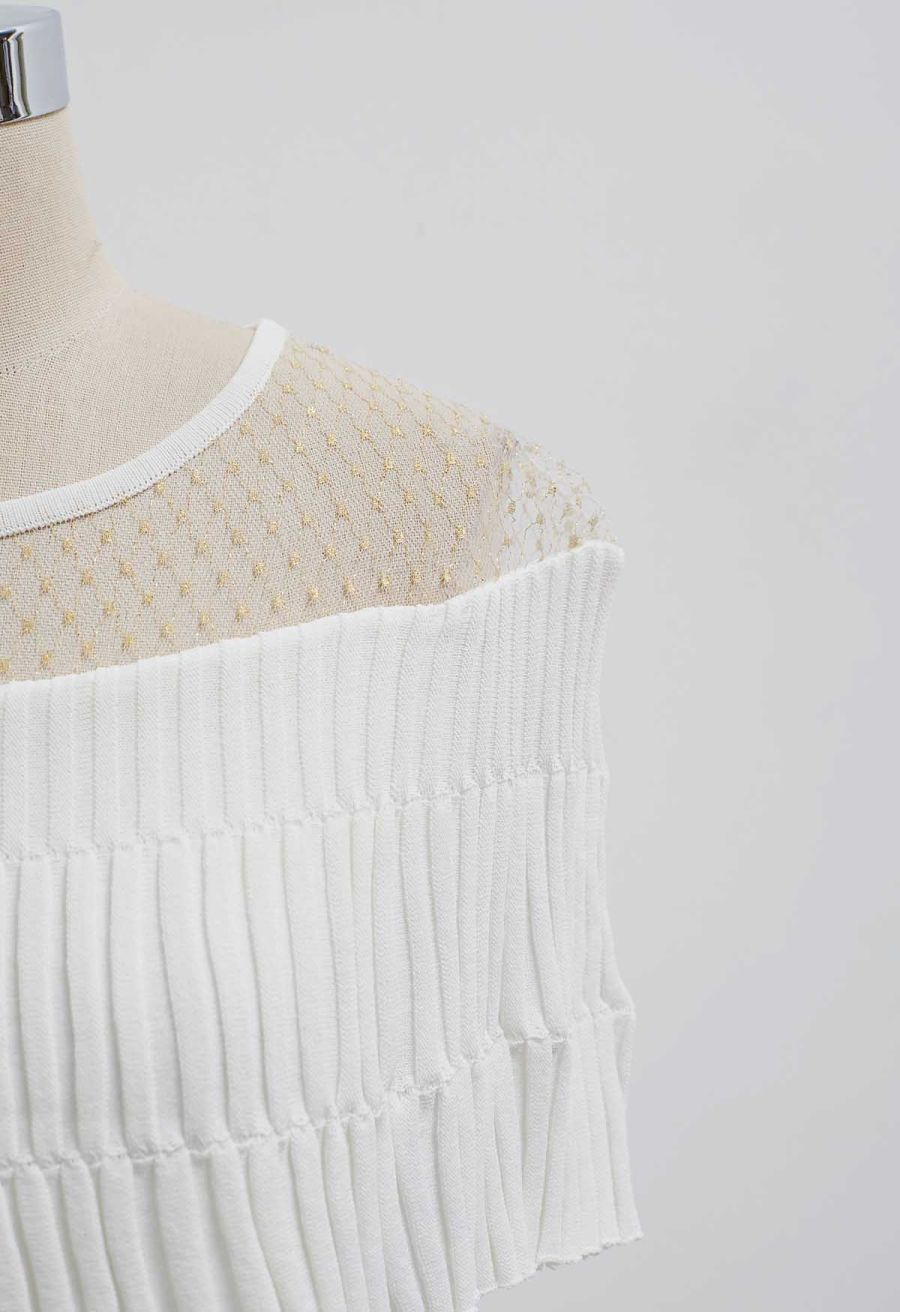 Metallic Thread Mesh Panel Shoulder Knit Top