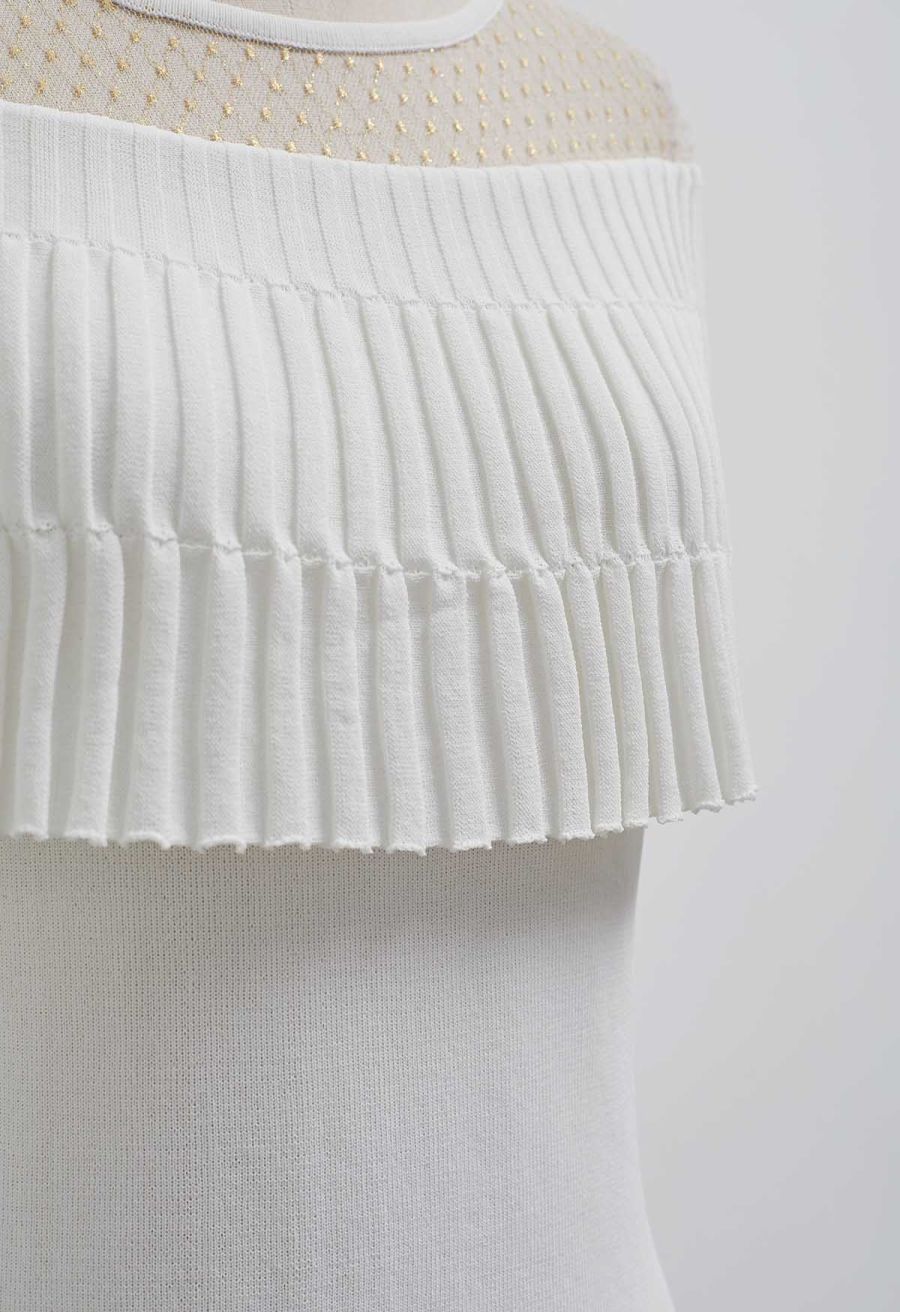 Metallic Thread Mesh Panel Shoulder Knit Top