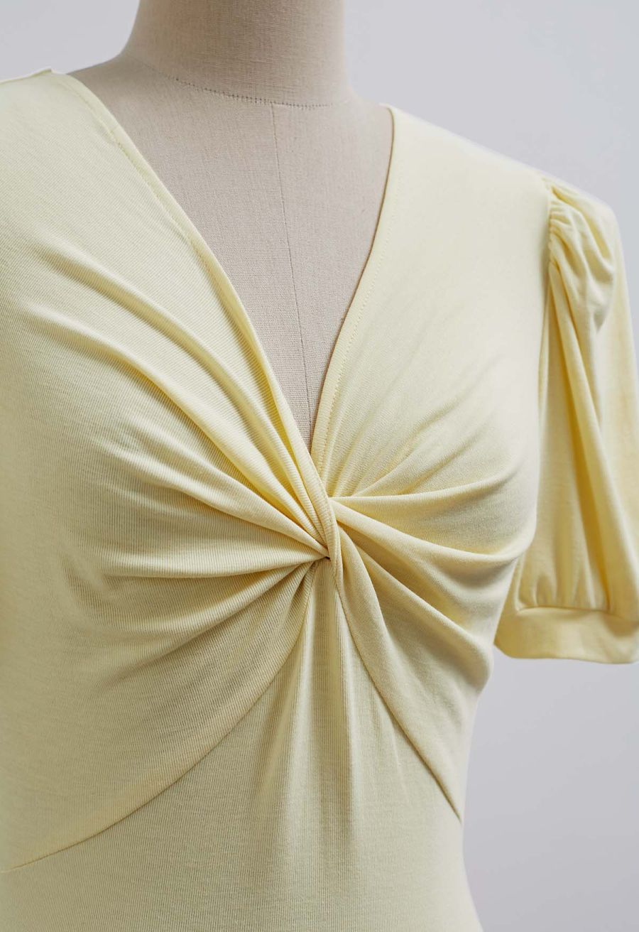 Twist V-Neck Cutout Tie-Back Top in Yellow