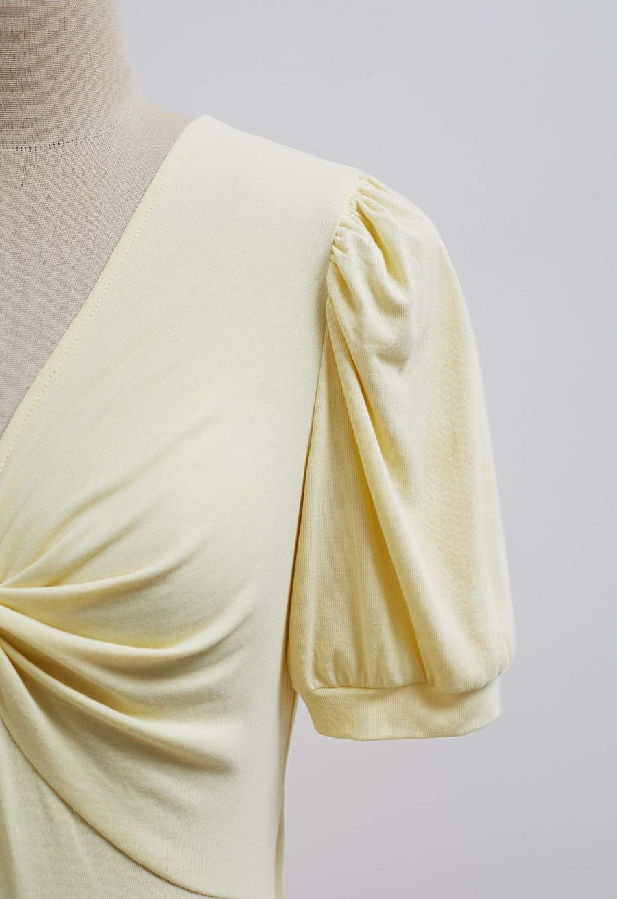 Twist V-Neck Cutout Tie-Back Top in Yellow