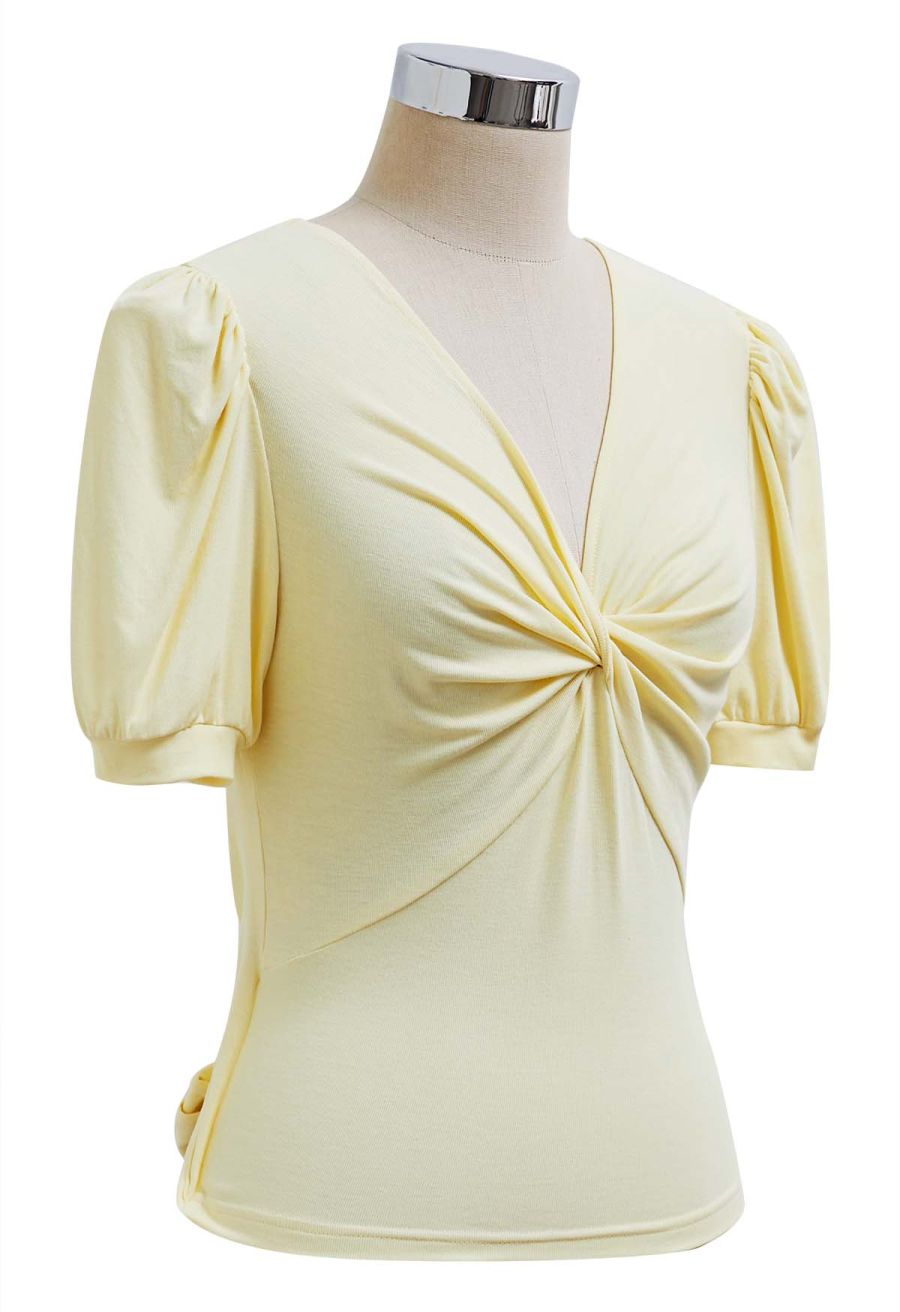 Twist V-Neck Cutout Tie-Back Top in Yellow