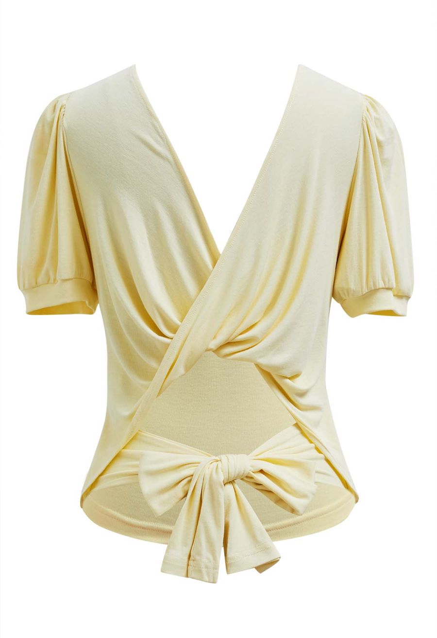 Twist V-Neck Cutout Tie-Back Top in Yellow