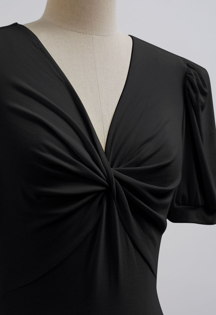 Twist V-Neck Cutout Tie-Back Top in Black