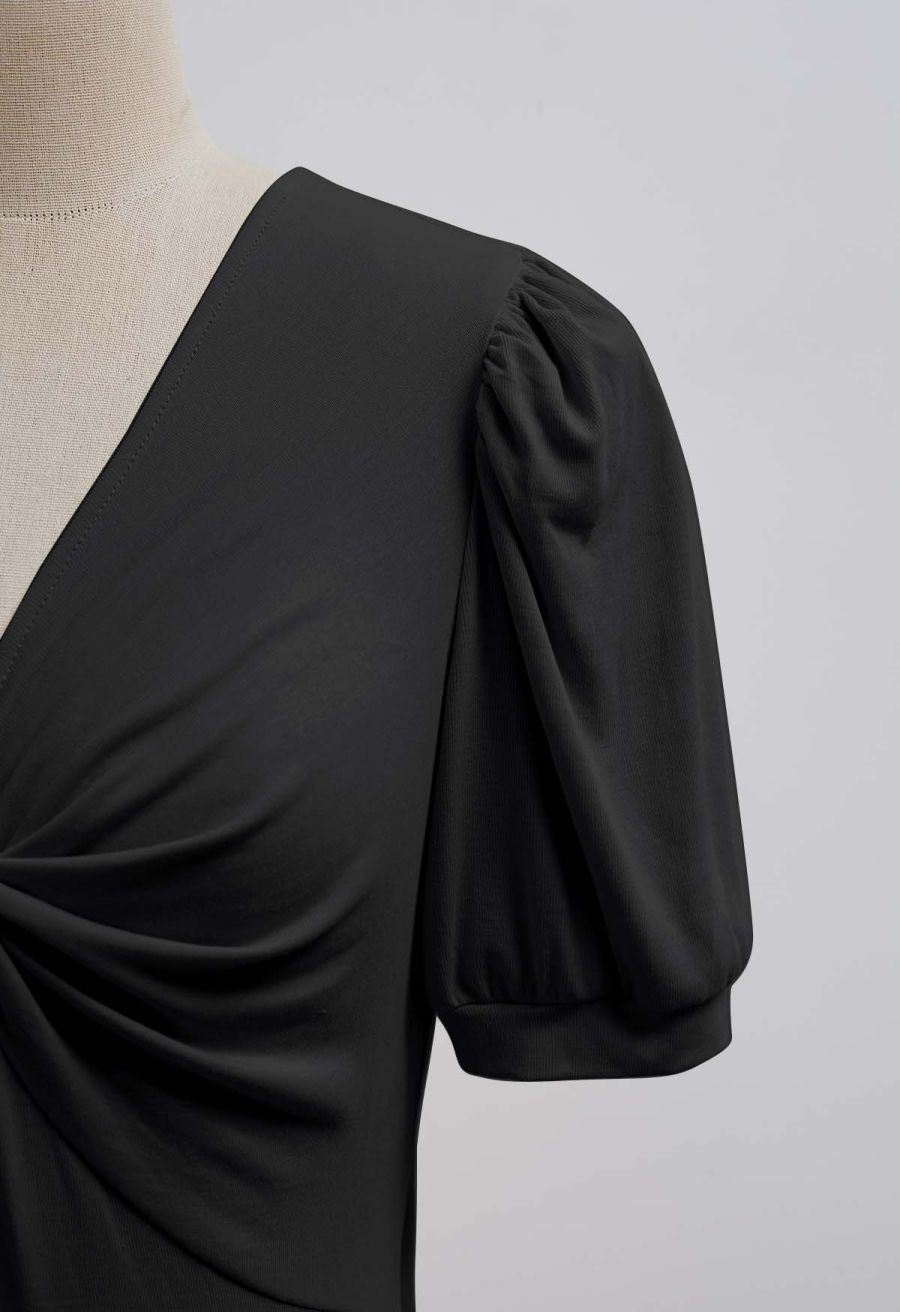 Twist V-Neck Cutout Tie-Back Top in Black