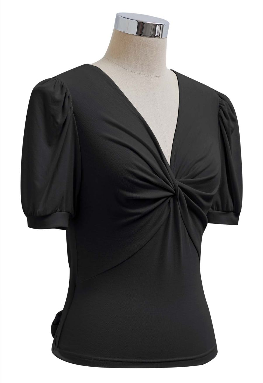 Twist V-Neck Cutout Tie-Back Top in Black