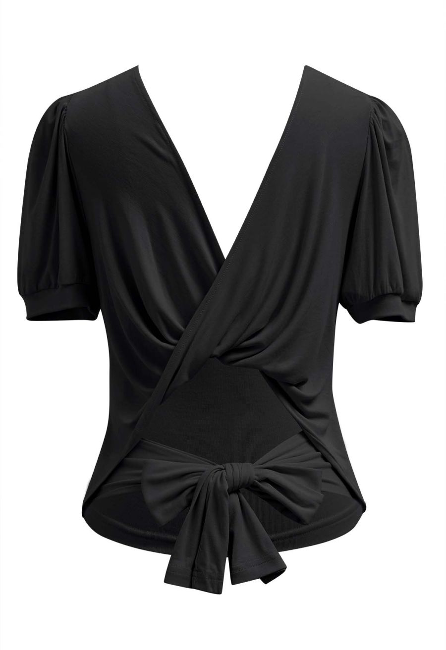 Twist V-Neck Cutout Tie-Back Top in Black