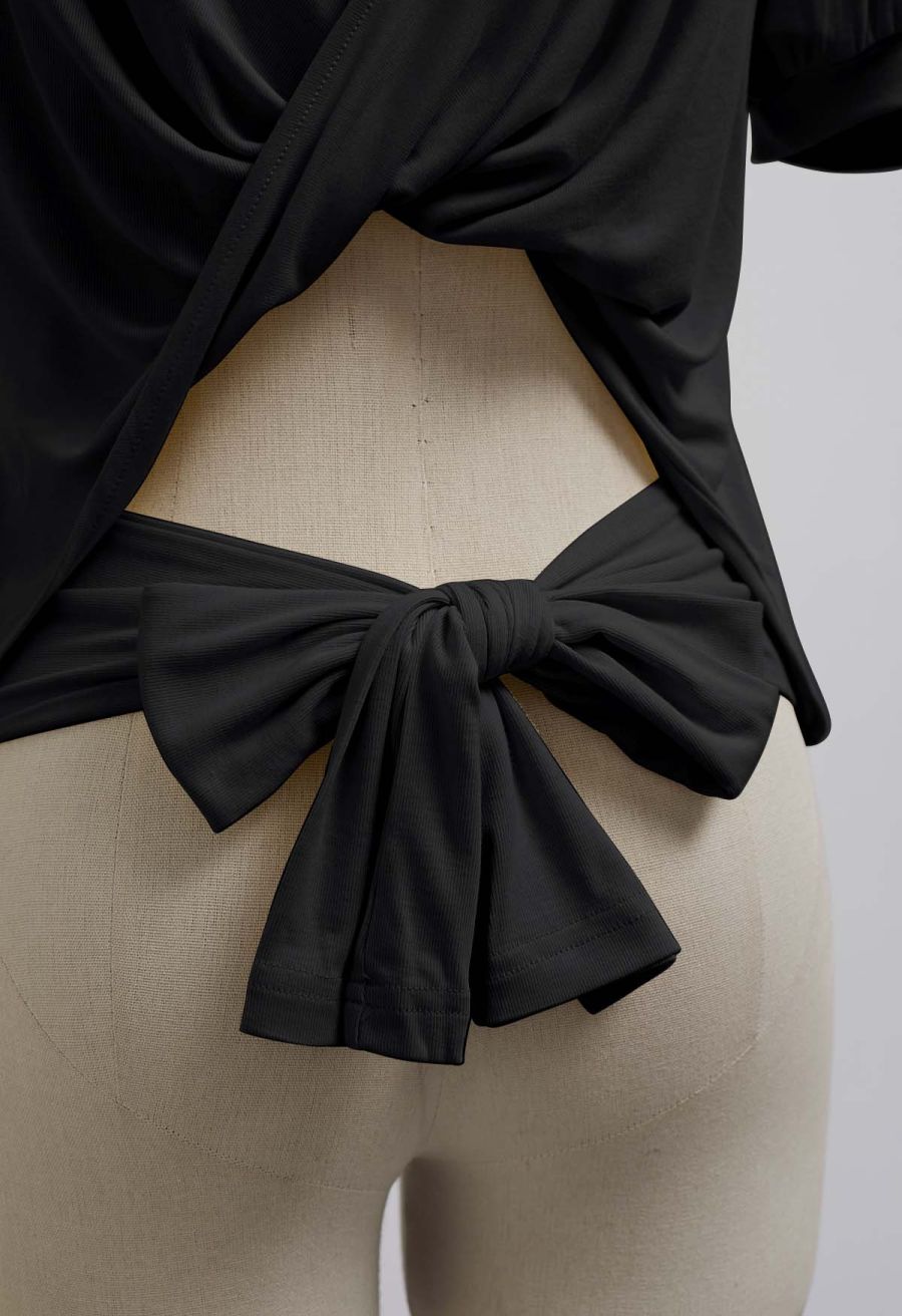 Twist V-Neck Cutout Tie-Back Top in Black