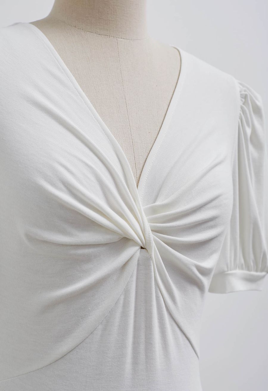 Twist V-Neck Cutout Tie-Back Top in White