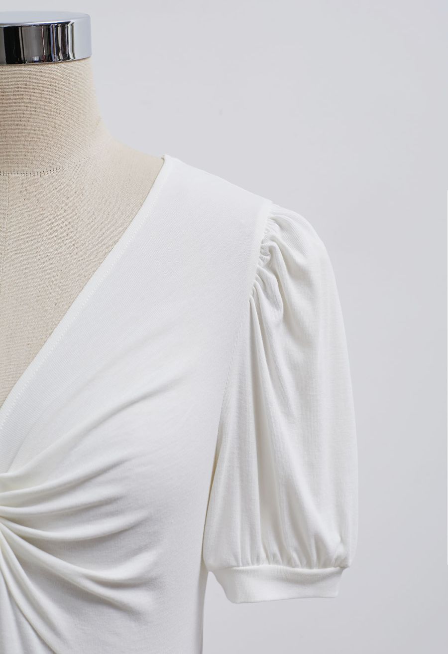 Twist V-Neck Cutout Tie-Back Top in White