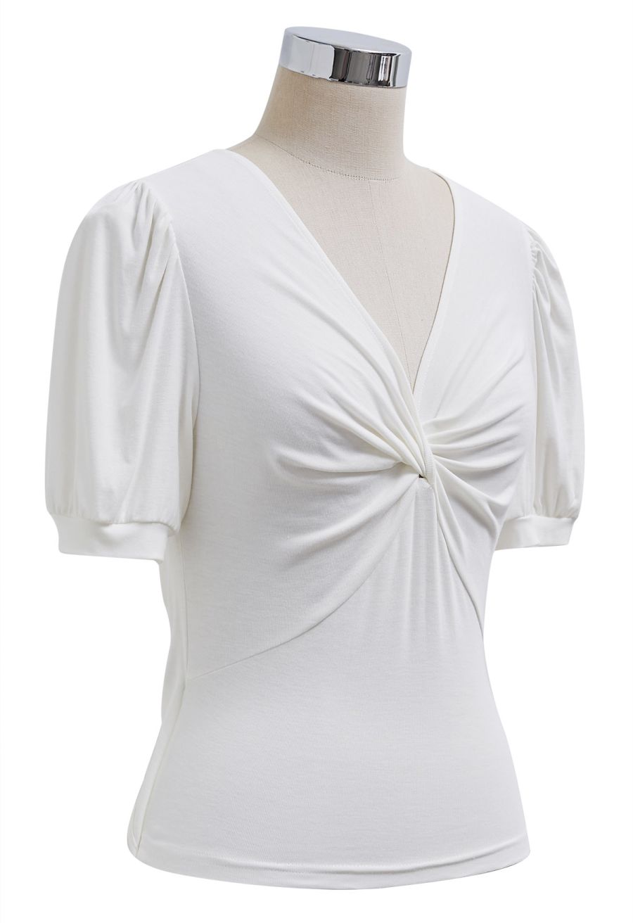 Twist V-Neck Cutout Tie-Back Top in White