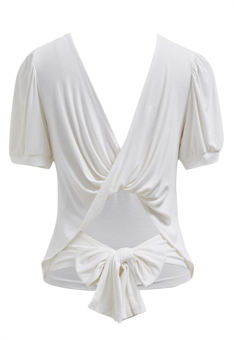 Twist V-Neck Cutout Tie-Back Top in White