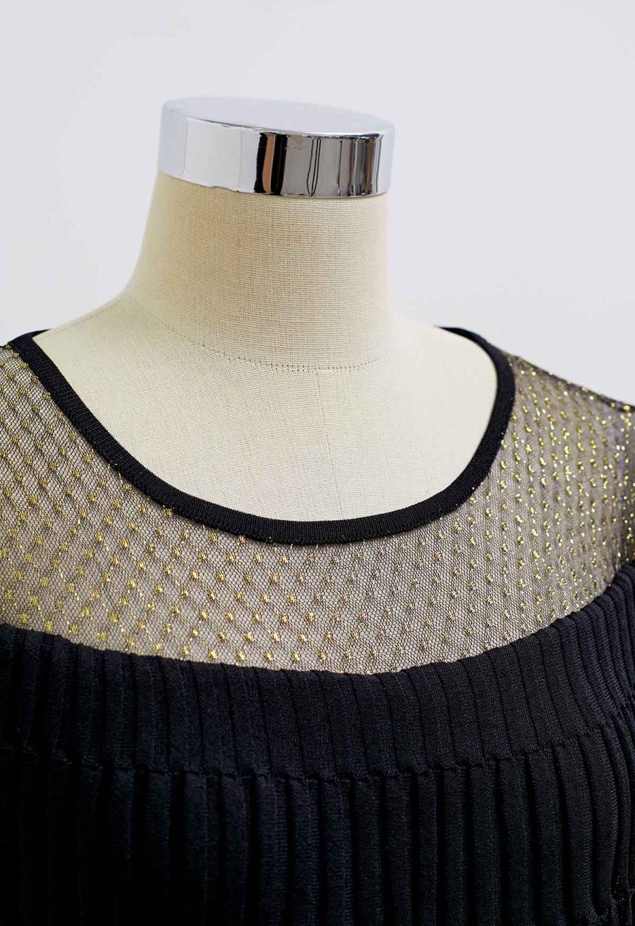 Metallic Thread Mesh Panel Shoulder Knit Top in Black
