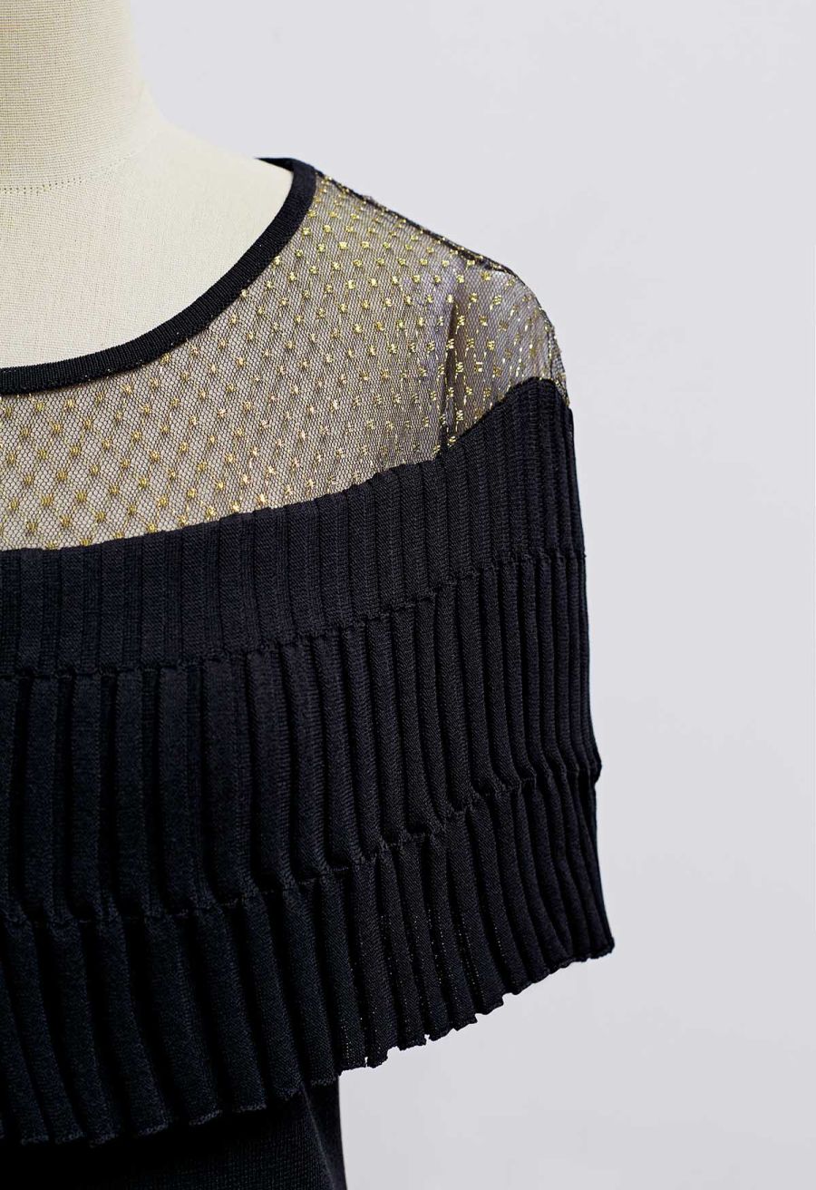 Metallic Thread Mesh Panel Shoulder Knit Top in Black