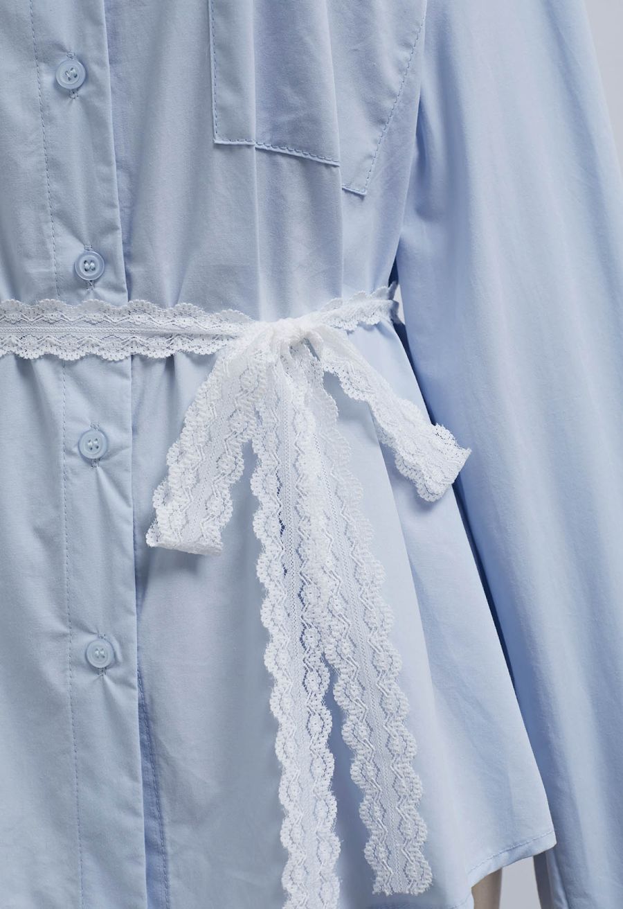 Lace Trimmed Button Down Cotton Shirt in Blue