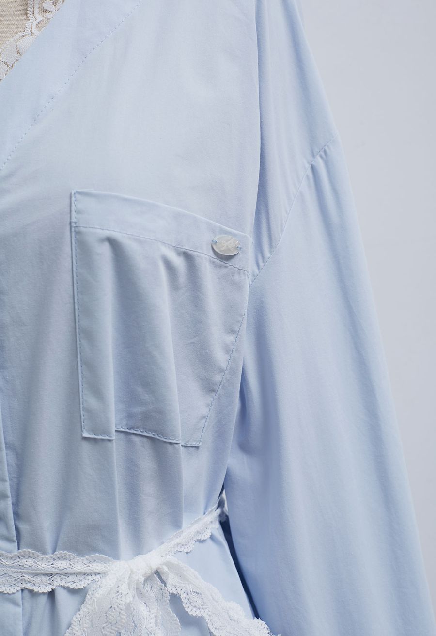 Lace Trimmed Button Down Cotton Shirt in Blue