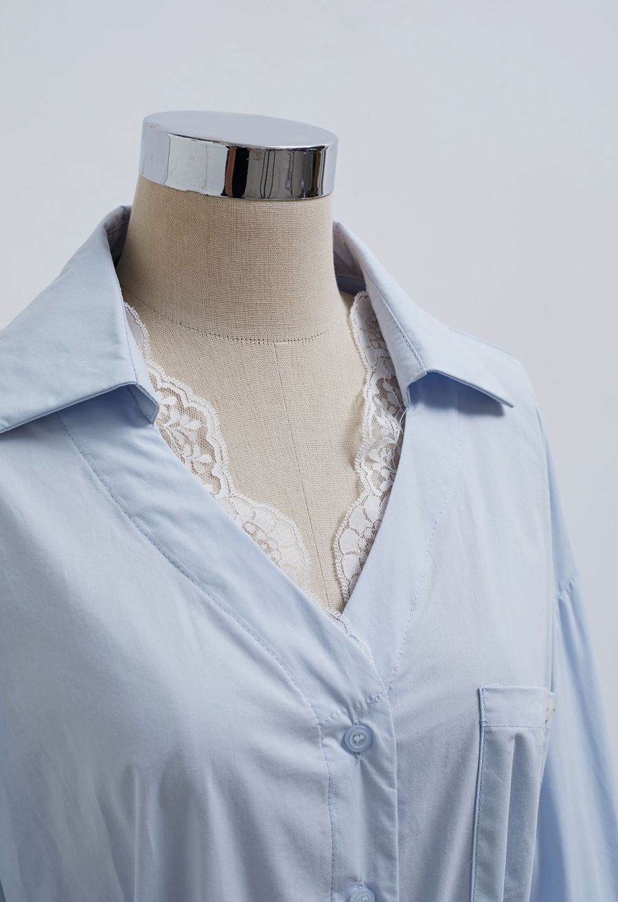 Lace Trimmed Button Down Cotton Shirt in Blue