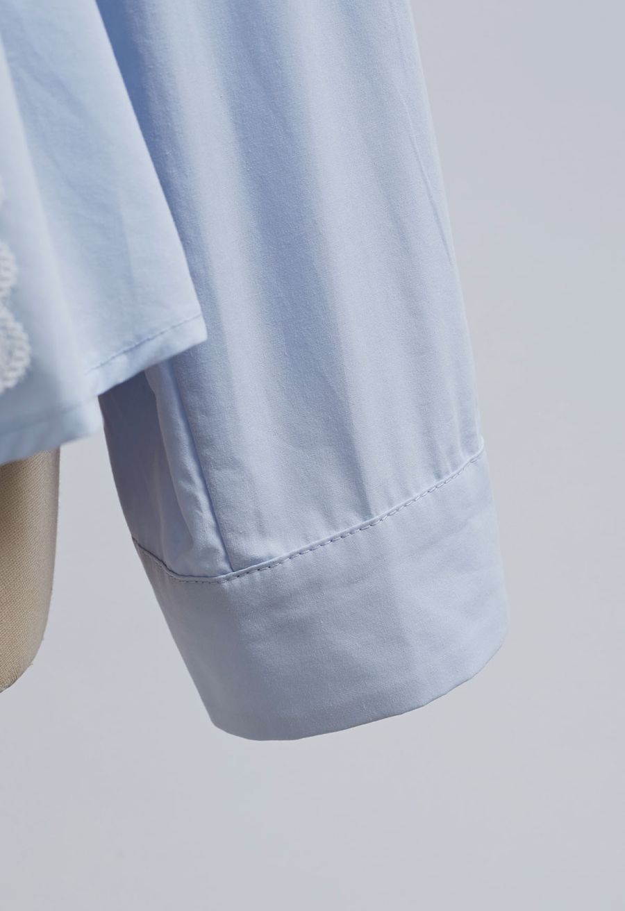 Lace Trimmed Button Down Cotton Shirt in Blue