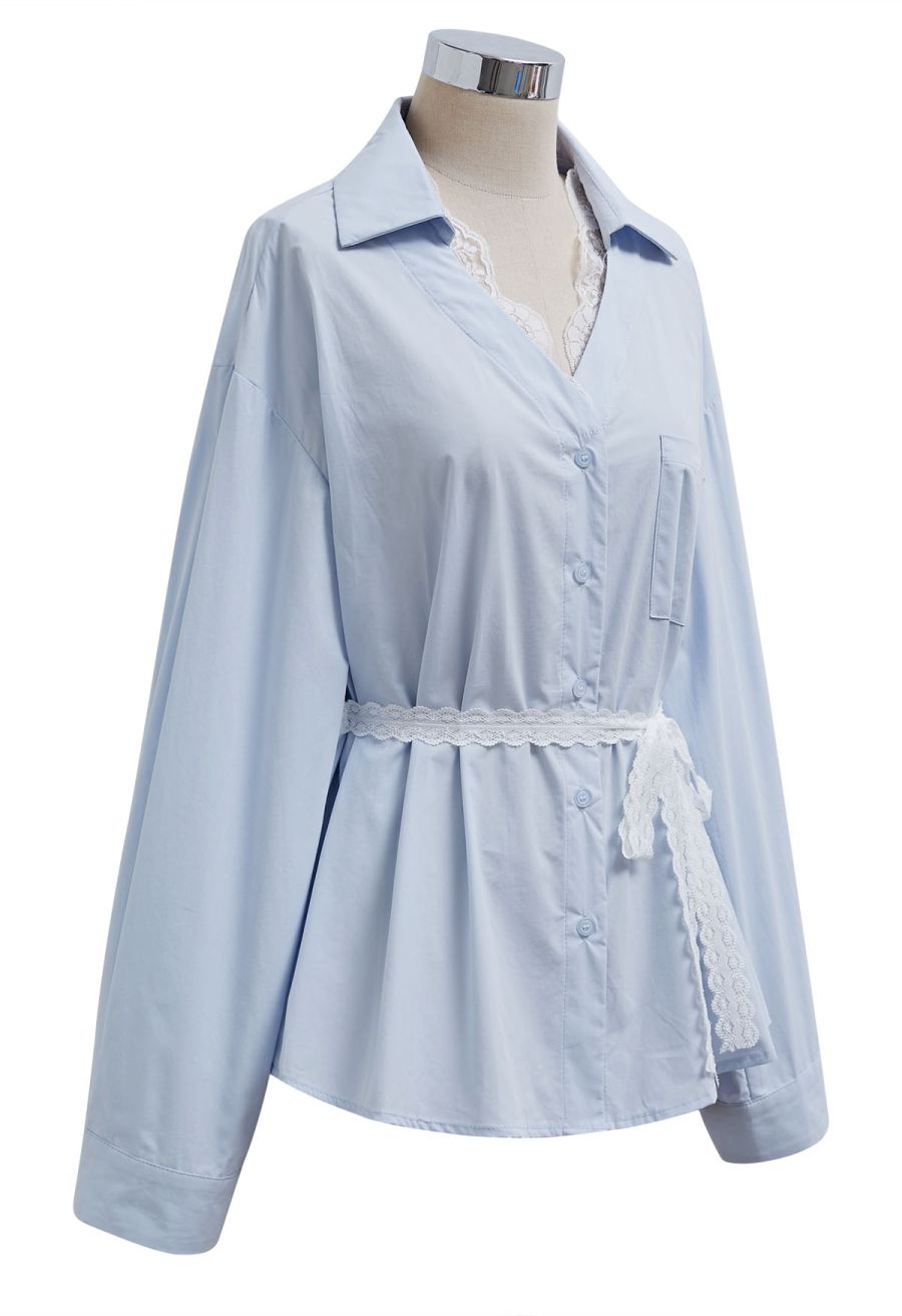 Lace Trimmed Button Down Cotton Shirt in Blue