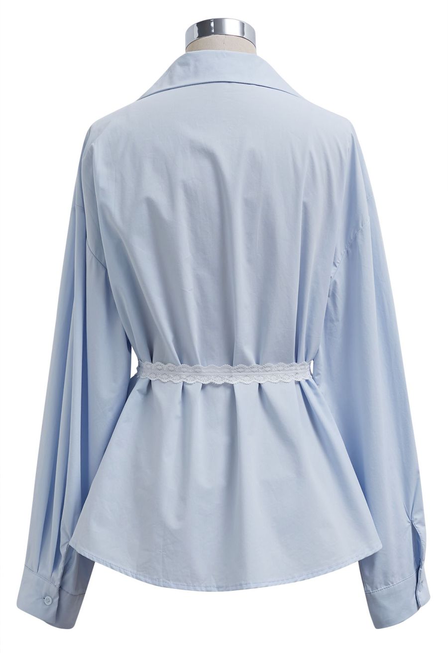 Lace Trimmed Button Down Cotton Shirt in Blue