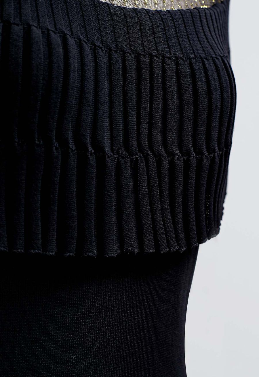 Metallic Thread Mesh Panel Shoulder Knit Top in Black