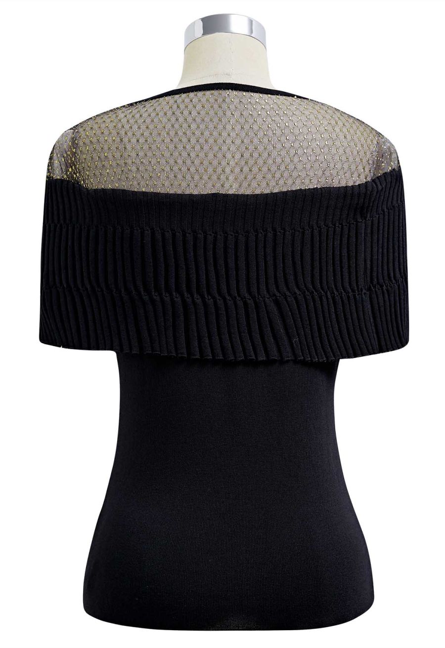 Metallic Thread Mesh Panel Shoulder Knit Top in Black