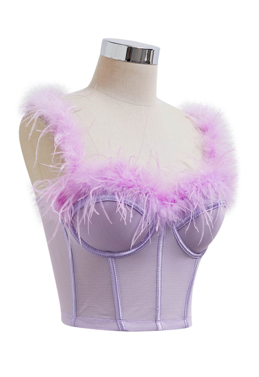 Feather-Embellished Bustier Top in Lilac