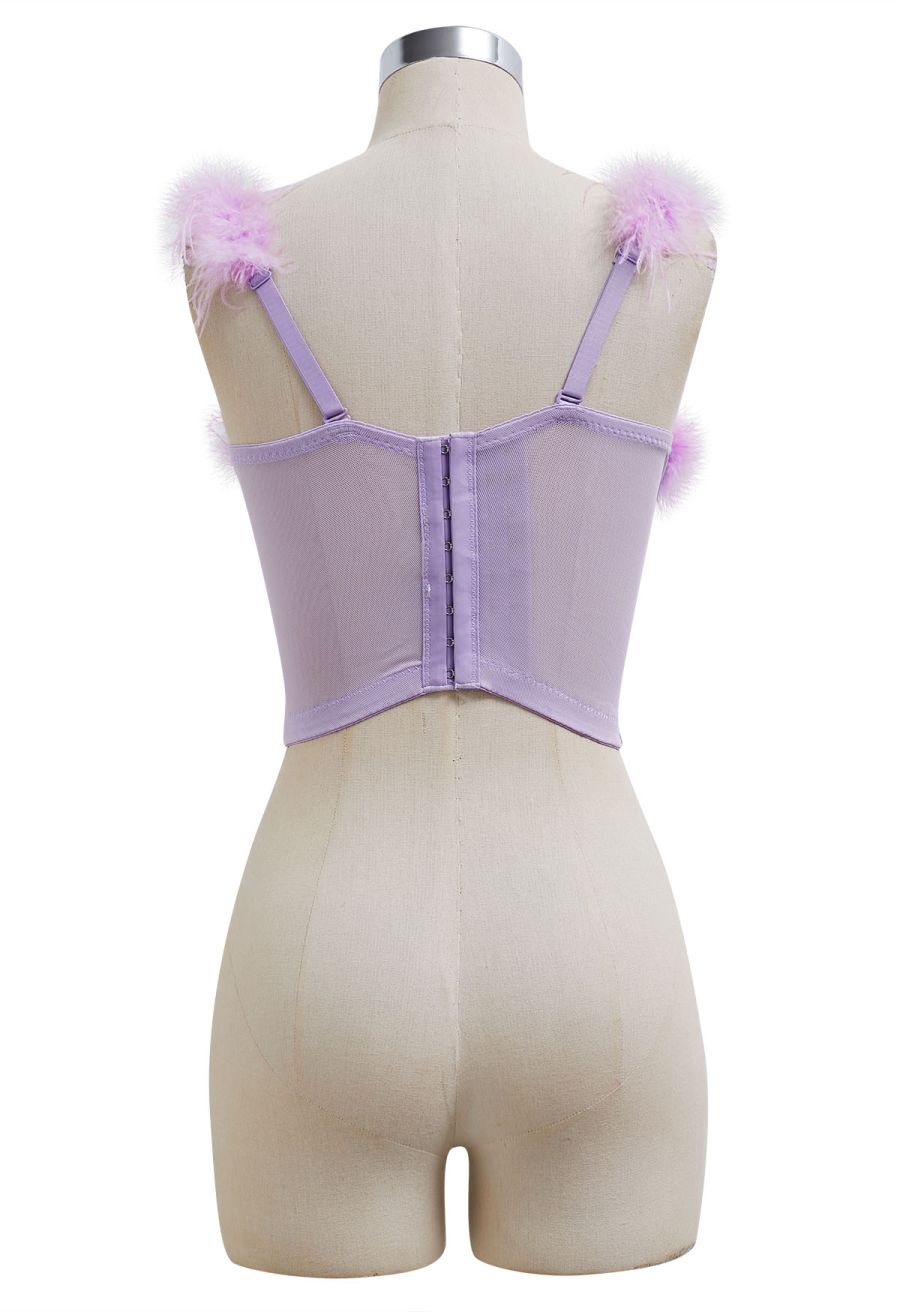 Feather-Embellished Bustier Top in Lilac