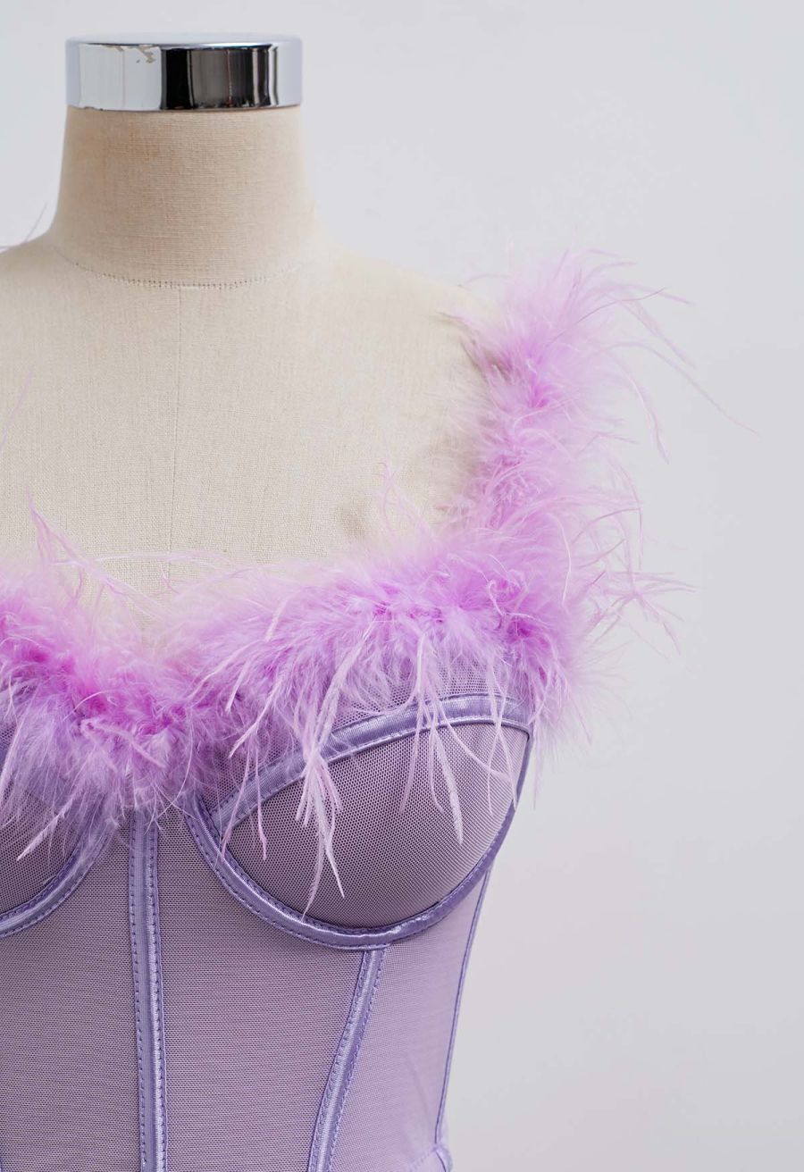 Feather-Embellished Bustier Top in Lilac