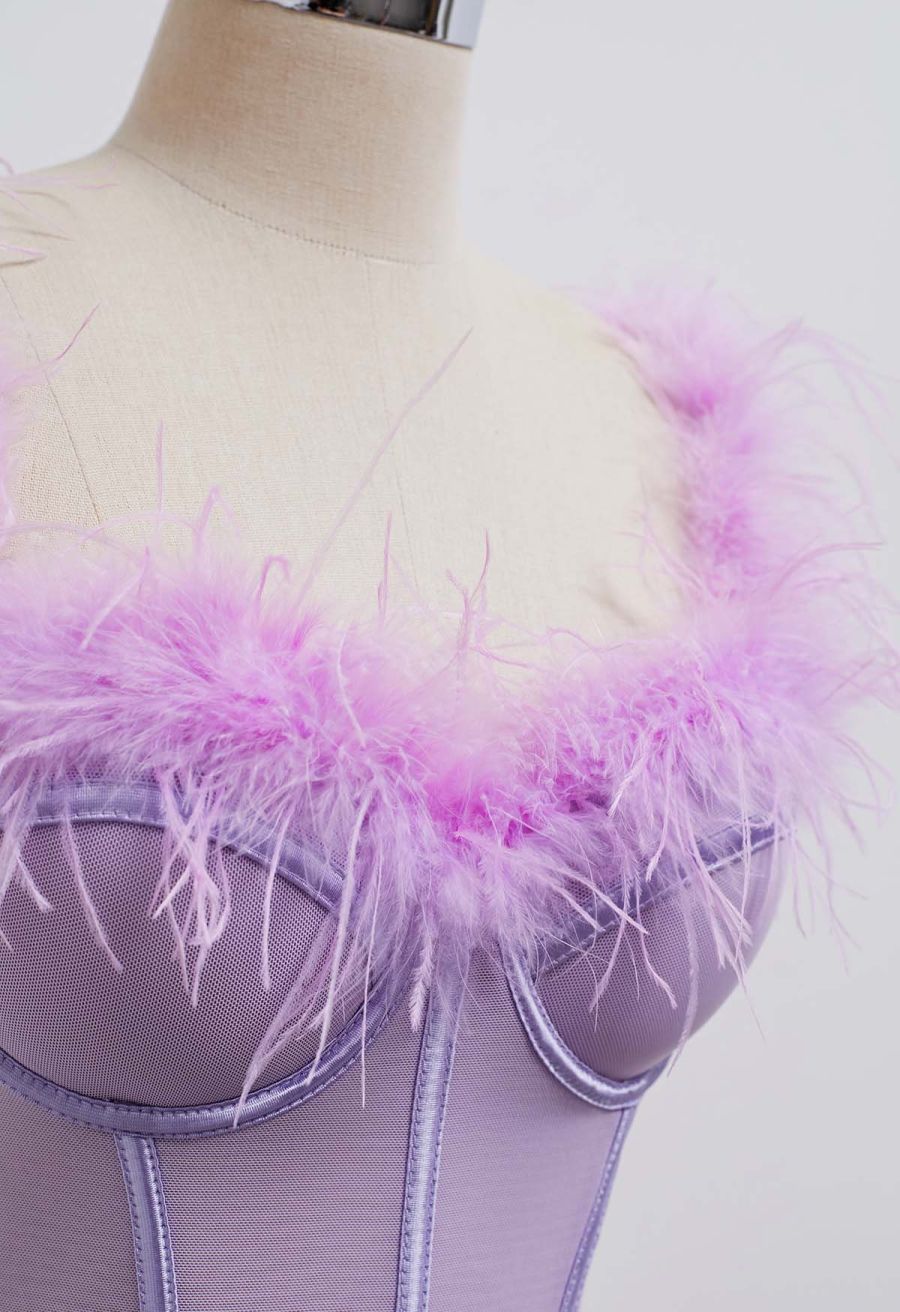 Feather-Embellished Bustier Top in Lilac