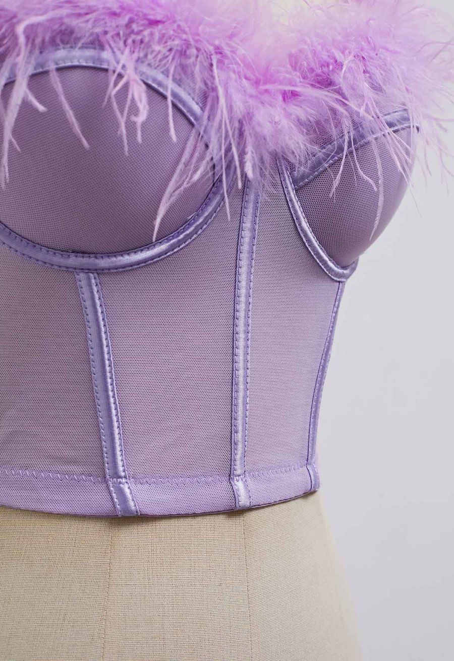 Feather-Embellished Bustier Top in Lilac