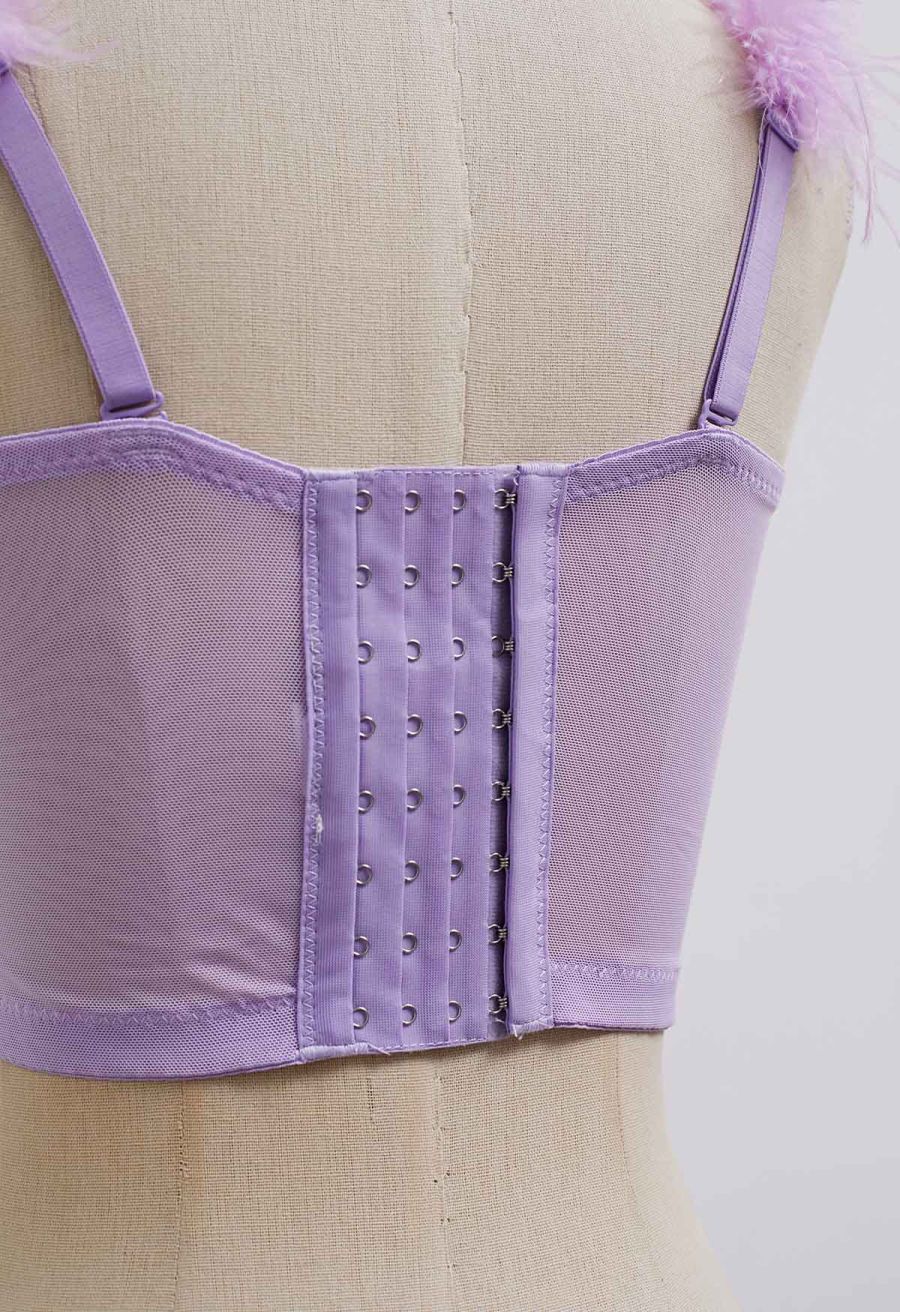Feather-Embellished Bustier Top in Lilac