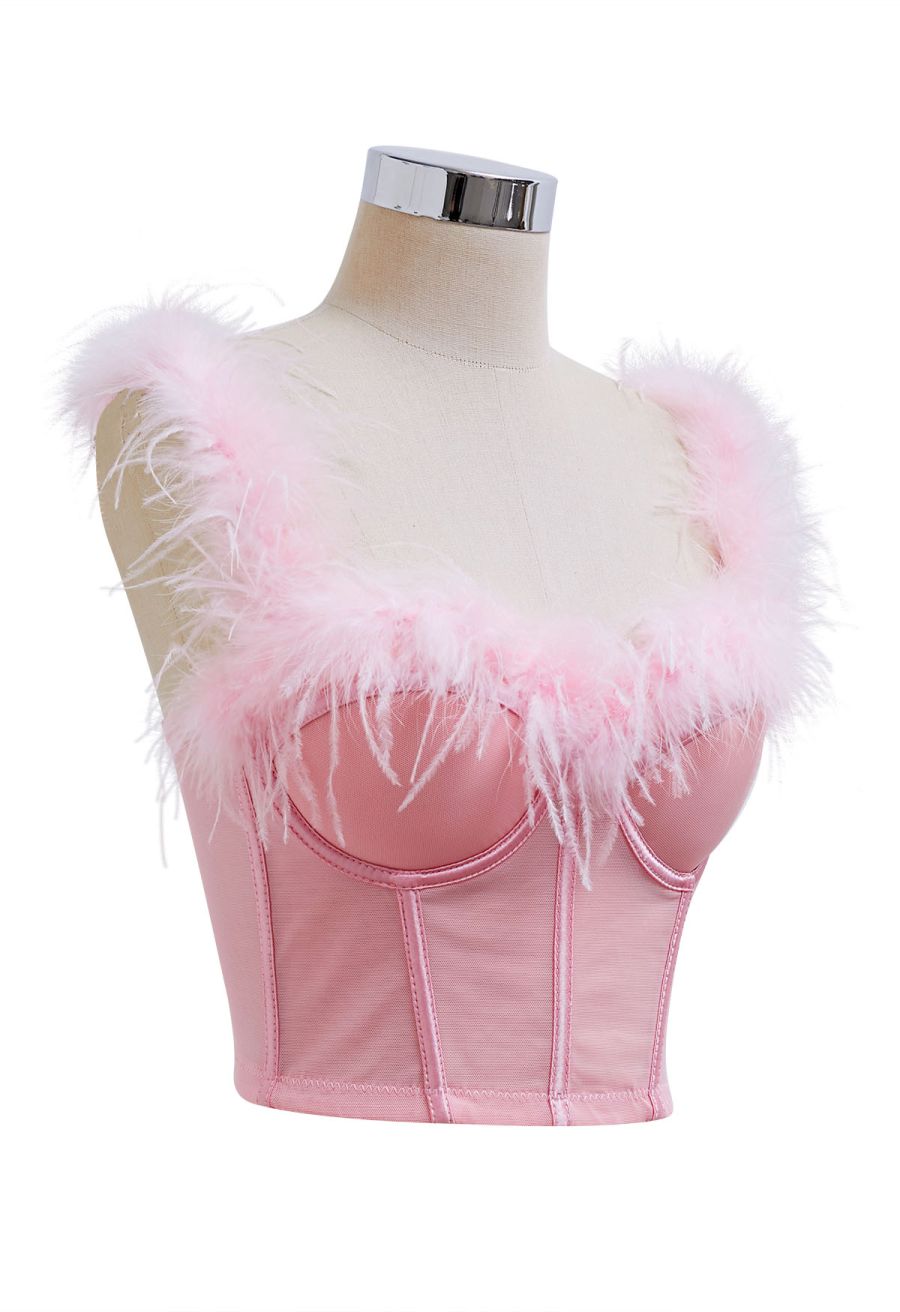 Feather-Embellished Bustier Top in Pink