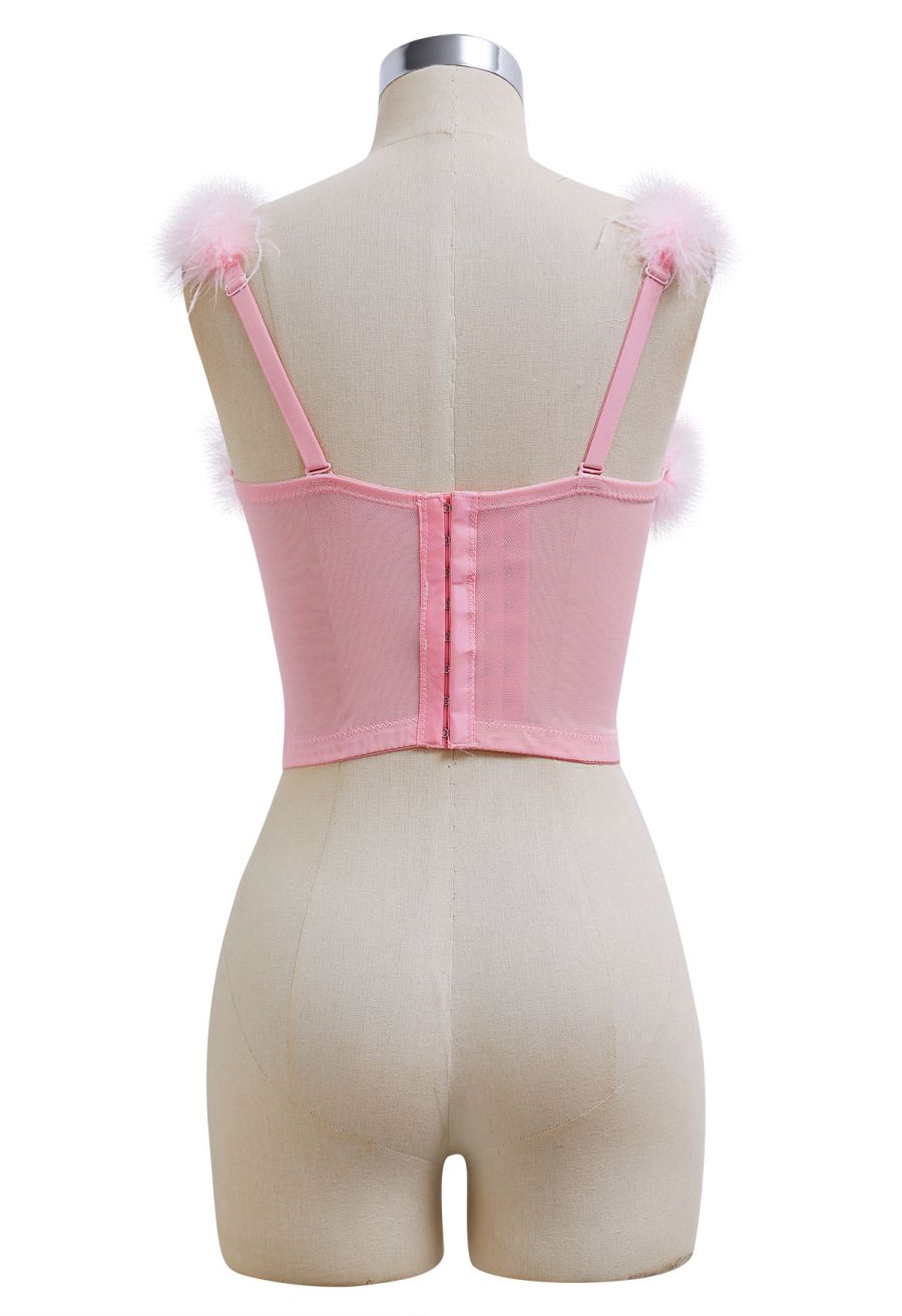 Feather-Embellished Bustier Top in Pink