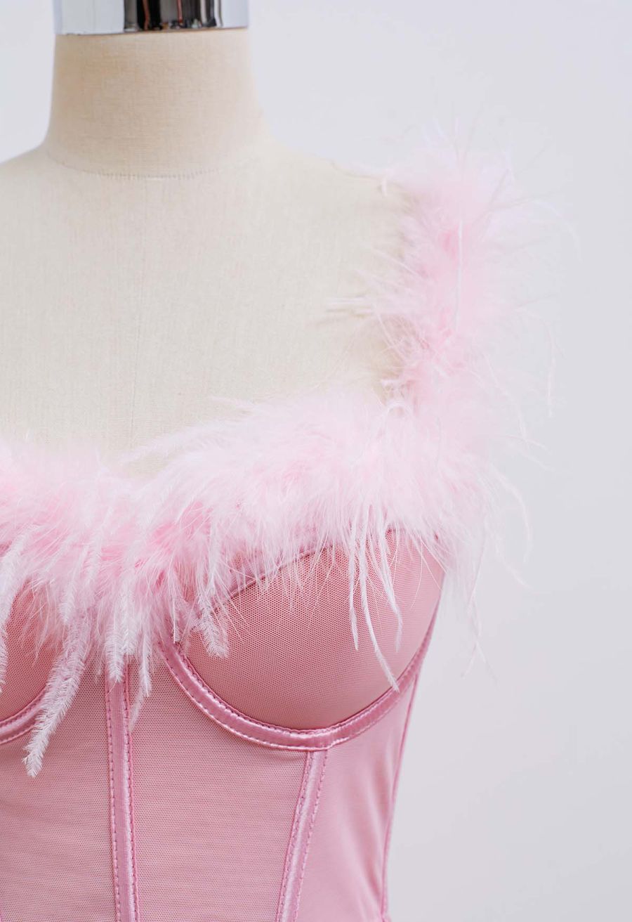 Feather-Embellished Bustier Top in Pink