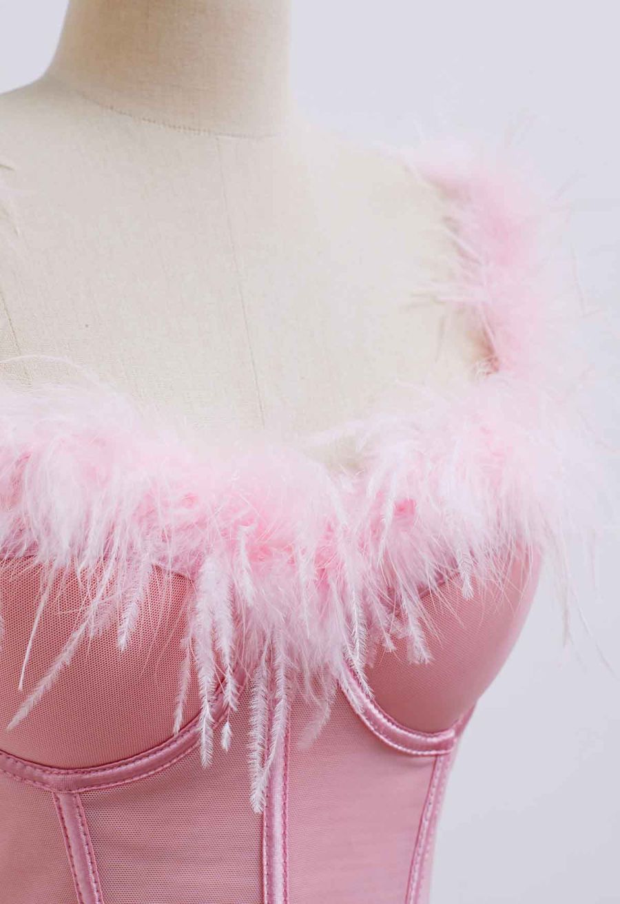 Feather-Embellished Bustier Top in Pink