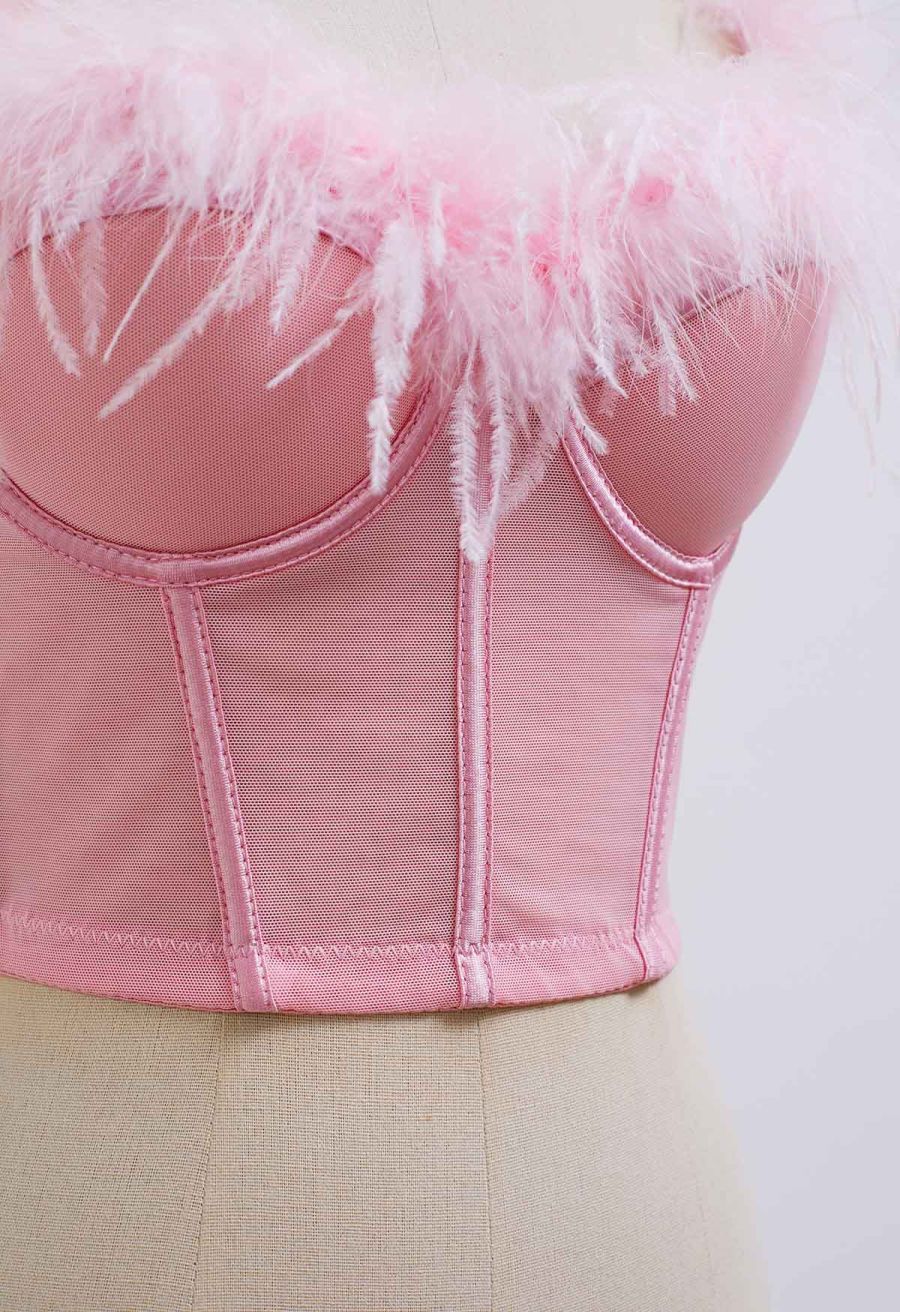 Feather-Embellished Bustier Top in Pink