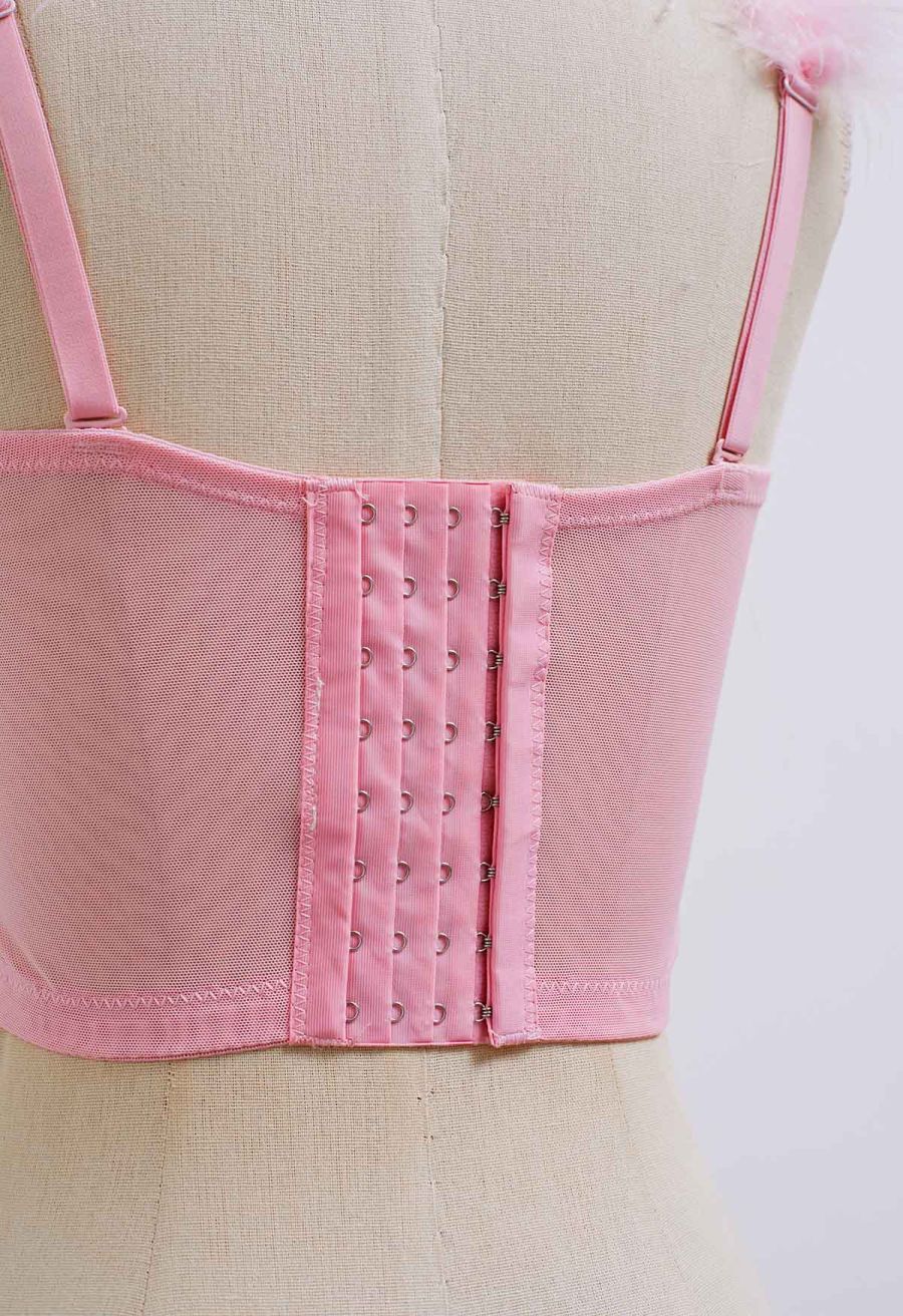 Feather-Embellished Bustier Top in Pink