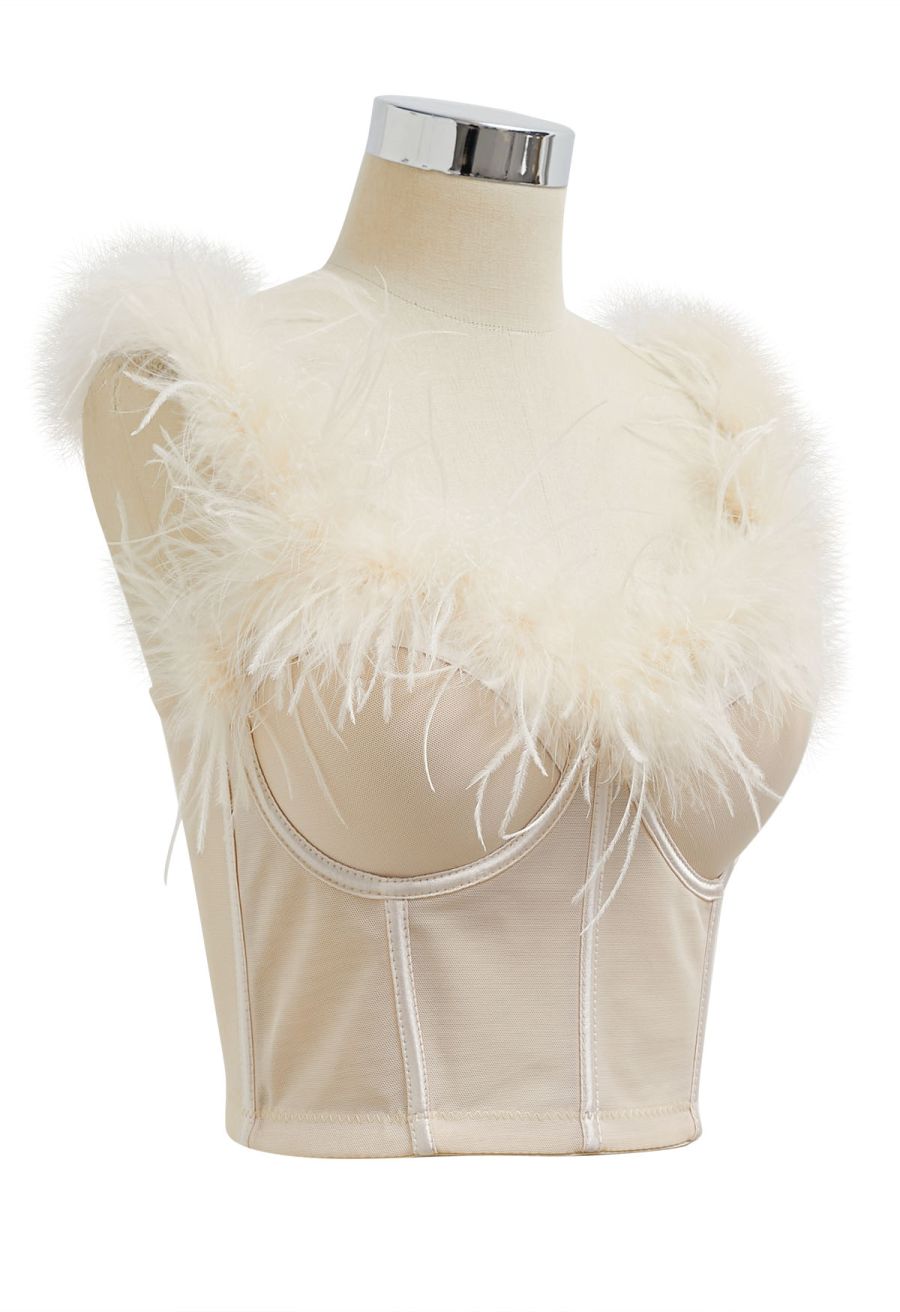 Feather-Embellished Bustier Top in Apricot