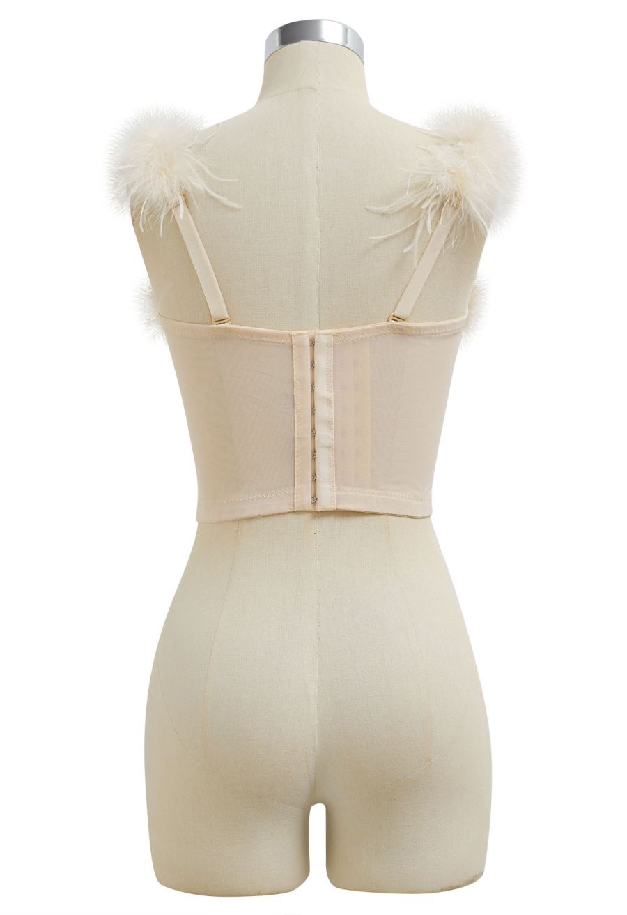 Feather-Embellished Bustier Top in Apricot