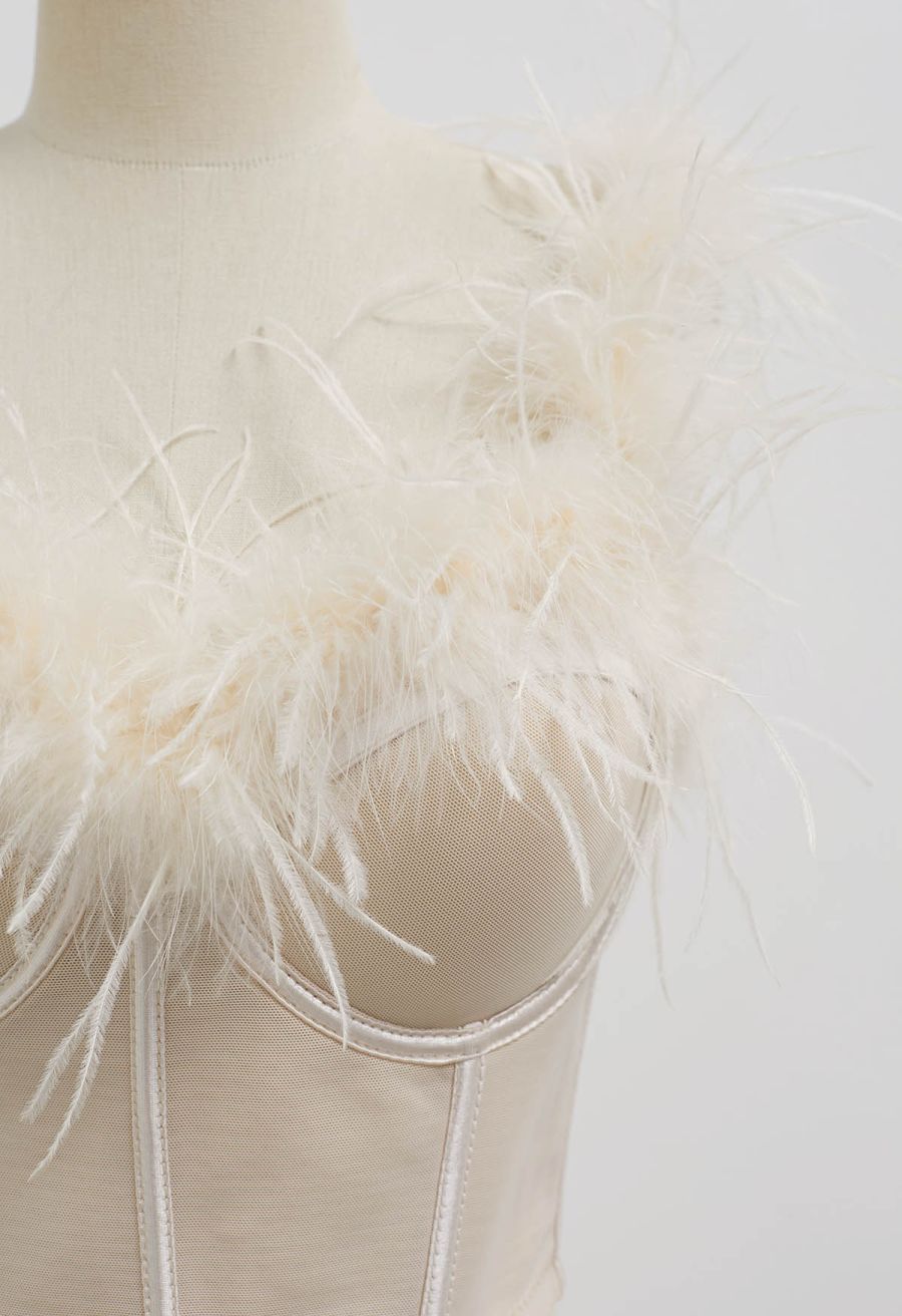 Feather-Embellished Bustier Top in Apricot